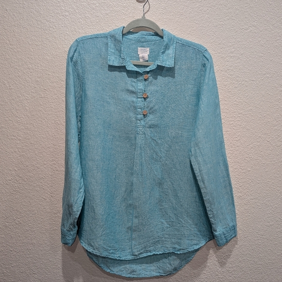 Sigrid Olsen Tops - Sigrid Olsen 100% Linen Coastal Button Pullover Blouse Size Small Blue Natural